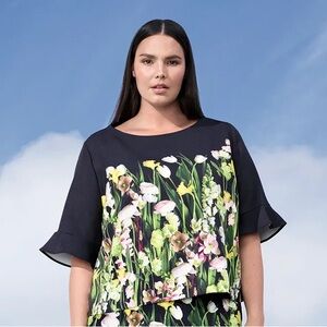 Victoria Beckham's Target Black Satin Floral Top with Ruffle Sleeve